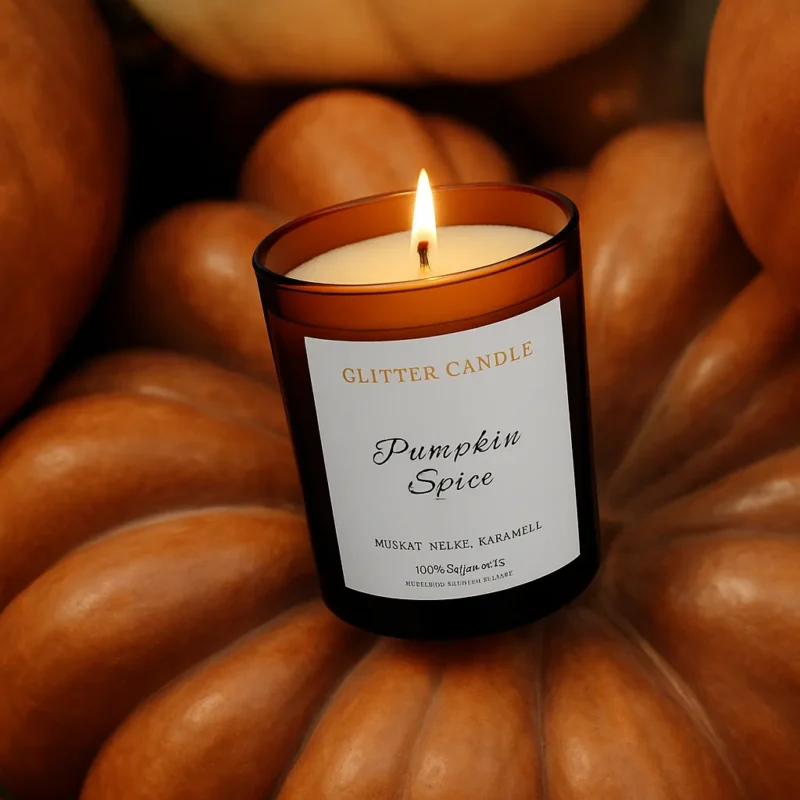 Pumpkin Spice Duftkerze mit warmem Kerzenschein und Kürbissen
