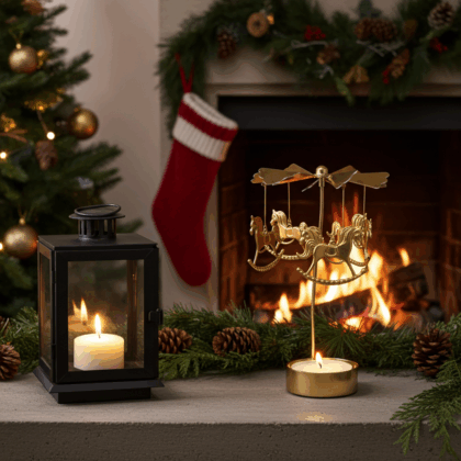 Windlicht mit schwebenden Schaukelpferden