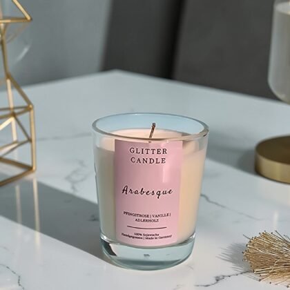 Kleine Arabesque Glitter-Duftkerze (70g) im Glas mit orientalischem Oud-Duft