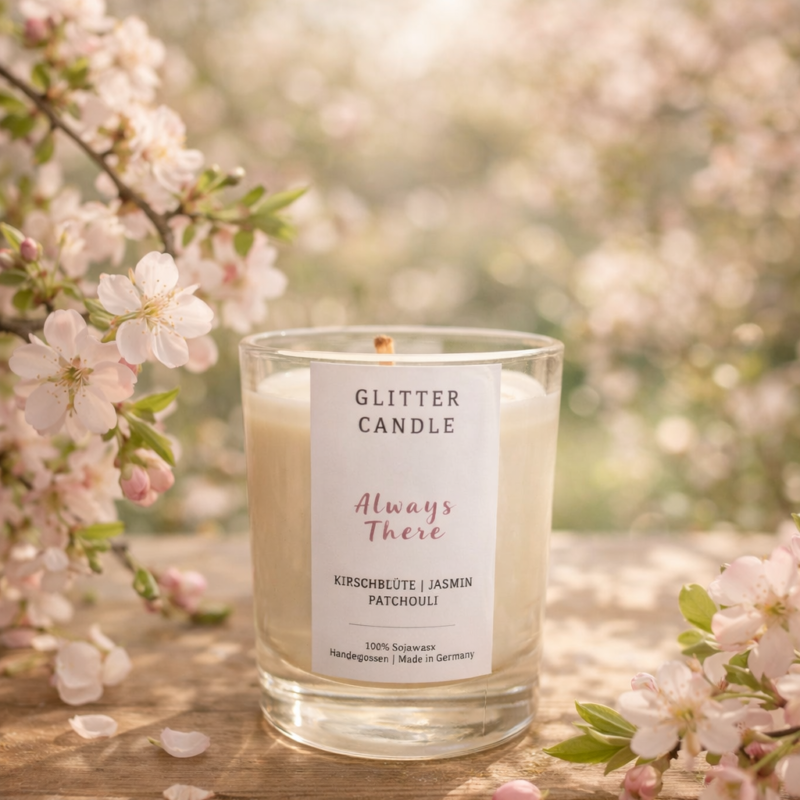 Kleine 70g Always There Glitterkerze im Glas mit purem rosa Sojawachs und Glitzereffekt