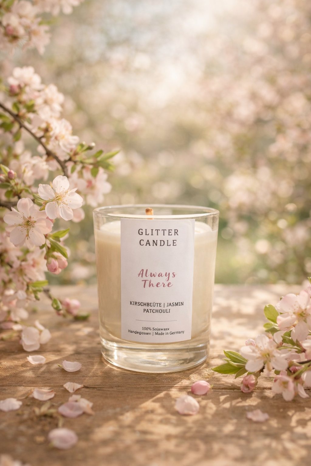 Kleine 70g Always There Glitterkerze im Glas mit purem rosa Sojawachs und Glitzereffekt