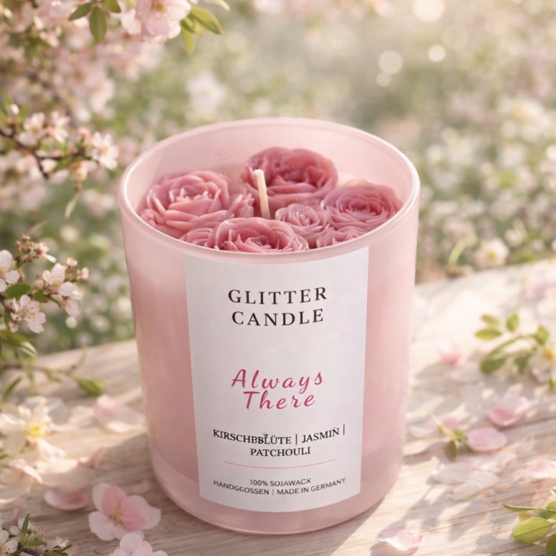 Handgegossene Always There Glitterkerze in Rosa mit handgefertigten Wachsblüten auf der Oberfläche vor einem blühenden Kirschbaum