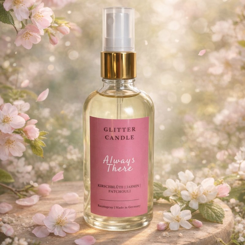Eleganter 100ml Glasflakon des Always There Raumsprays mit Etikett – Duftrichtung Kirschblüte und Vanille