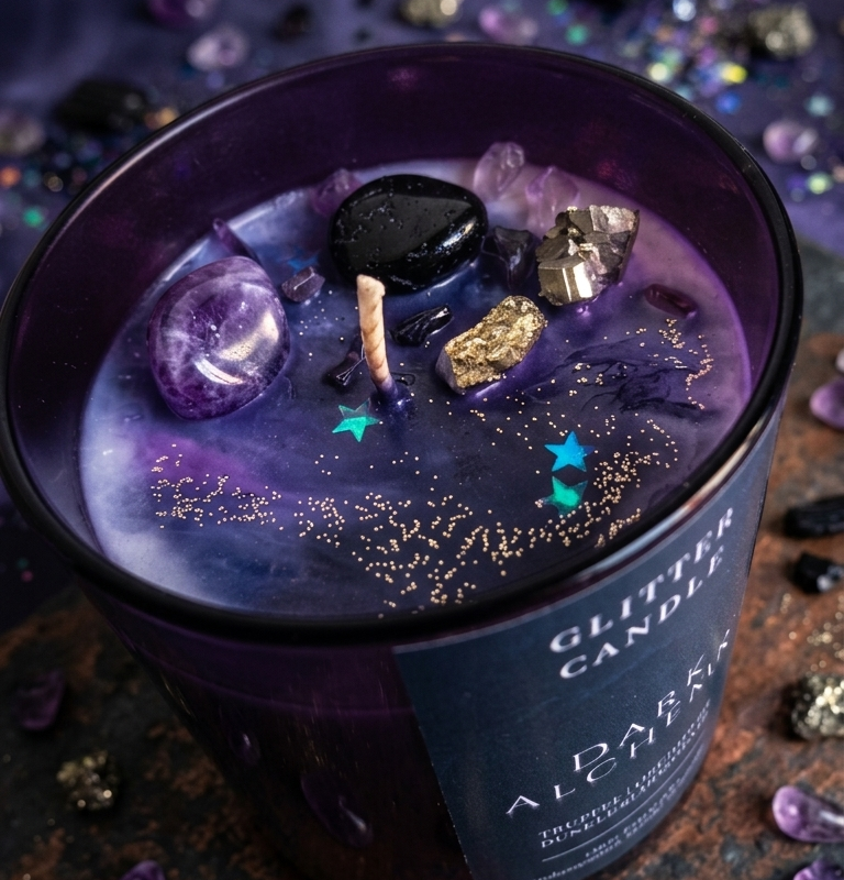 Dark Alchemy Duftkerze im violetten Glas mit Amethyst, schwarzem Turmalin und Pyrit