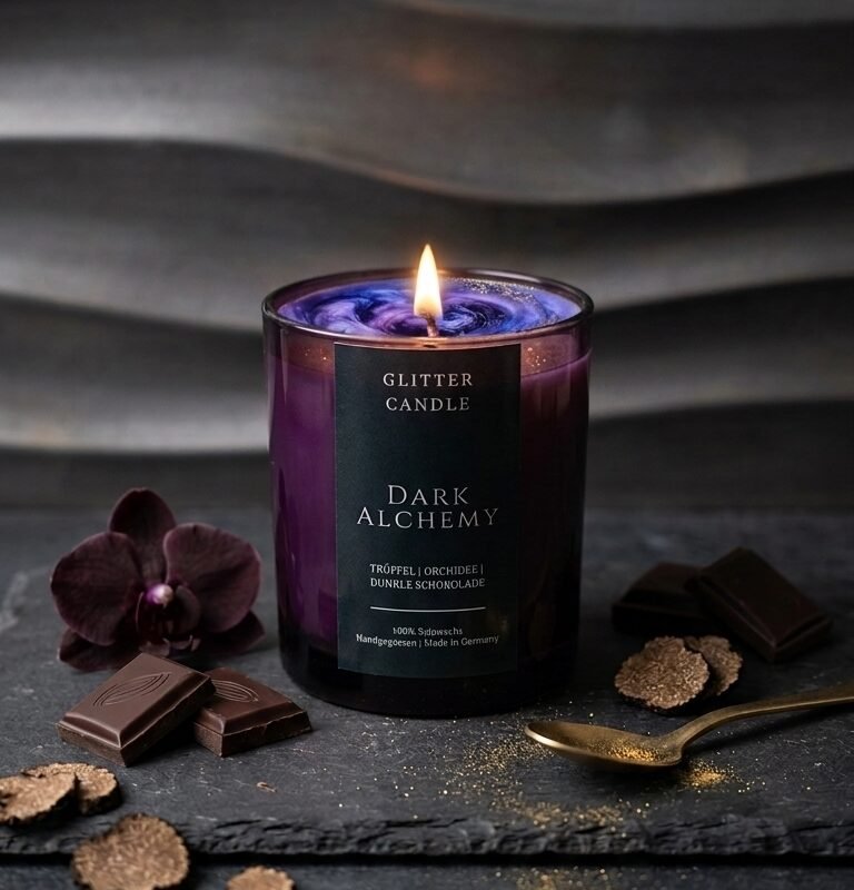 Dark Alchemy Duftkerze im violetten Glas mit Amethyst, schwarzem Turmalin und Pyrit